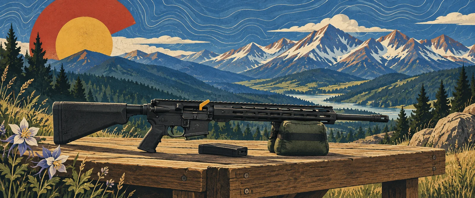 Illustration of a safely staged sporting rifle before the Colorado mountains